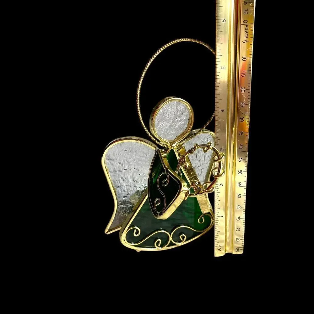 VTG Stained Glass Green & Gold Tone Metal Angel Tealight Votive Candle Holder